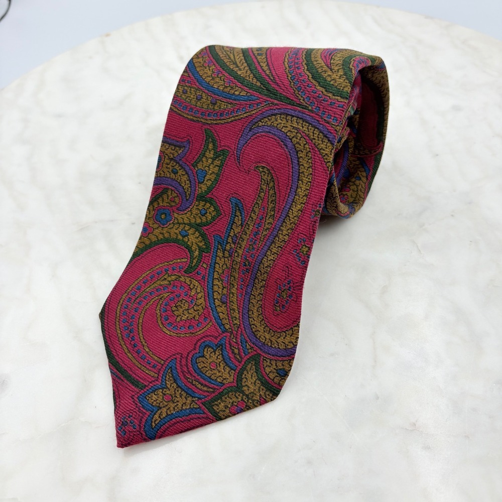 Polo Ralph Lauren Tie Necktie Wool Red Paisley Handmade Italy 3.5x59" Vintage
